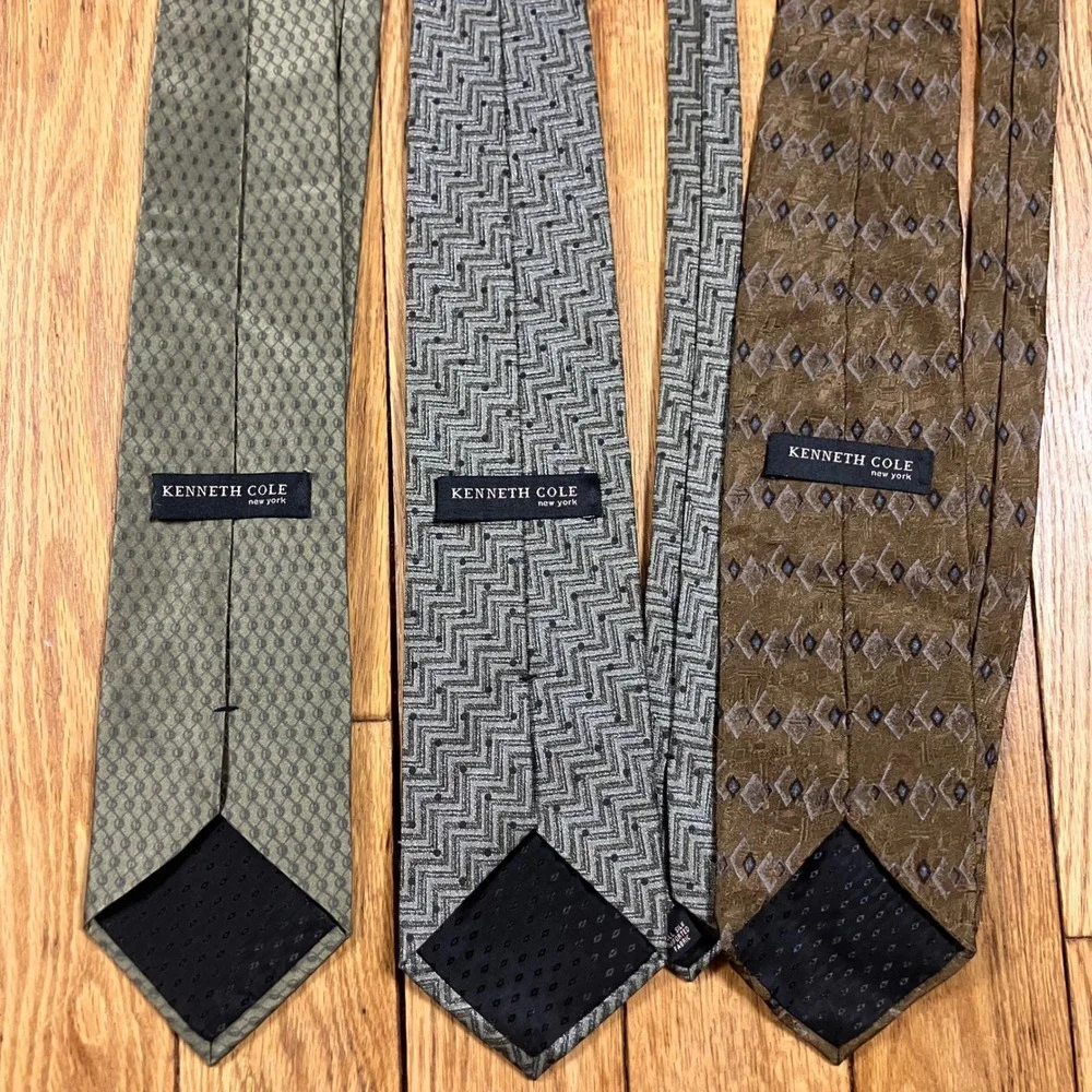 Kenneth Cole New York Mens Silk Tie Lot of 3 Geometric Chevron Bronze Green Grey